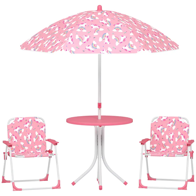 Qaba Kids Picnic Table, Kids Table and Chair Set with 2 Folding Chairs and Umbrella for Backyard, Garden, Patio, Pink