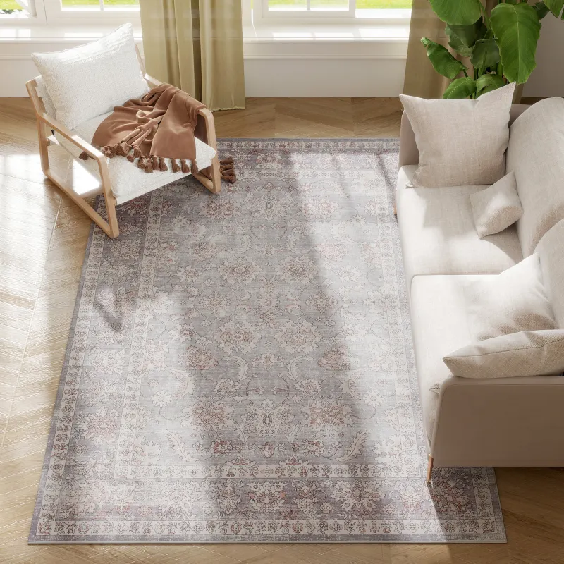 Machine Washable Area Rug 5x7, Non-Slip Traditional Flower Print Floor Carpet for Living Room, Bedroom, Grey and Brown