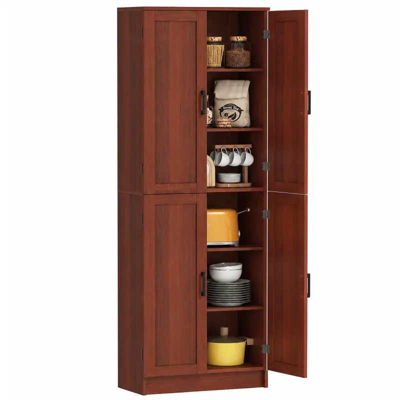 Freestanding Kitchen Pantry, 4-Door Kitchen Pantry Cabinet with Adjustable Shelves and Doors, Dark Brown