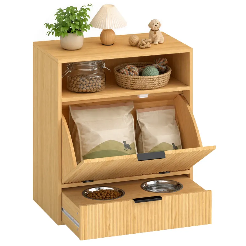 Dog Feeding Station with Storage, Hidden Pet Feeding Station with 2 Elevated Bowls, Tilt Out Storage Cabinet