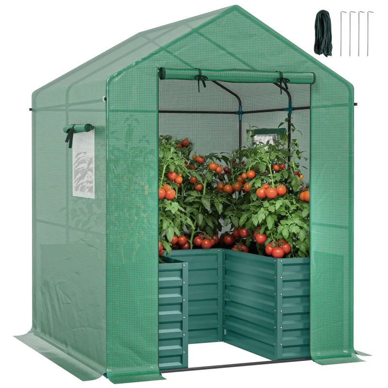 Greenhouse with Raised Garden Bed, Galvanized Steel Outdoor Greenhouse with Roll Up Door, 56" x 56" x 75", Green