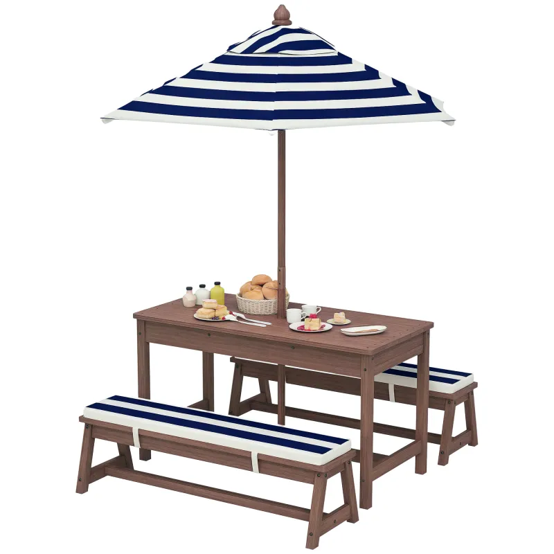 Outdoor Wooden Kids Picnic Table & Bench Set with Cushions and Umbrella, for Patio, Garden, Navy Blue