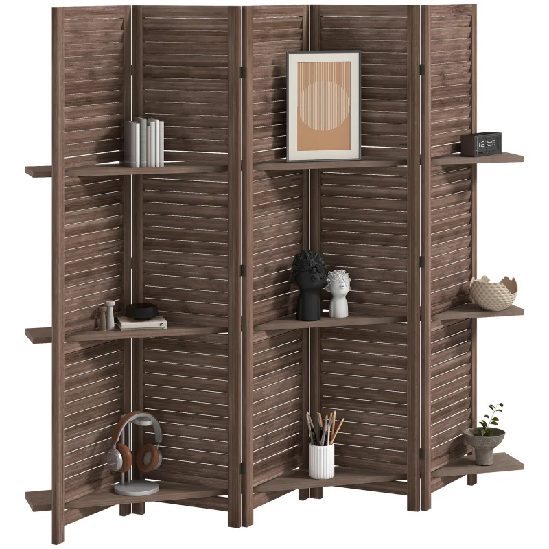 5 Panel 67" Tall Wood Privacy Screen Room Divider with 3 Shelves and Folding Storage for Bedroom, Walnut