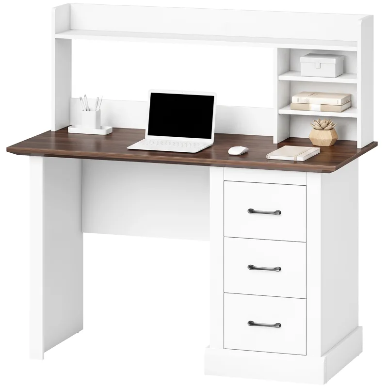 Computer Desk with 3 Drawers and Storage Shelves, 47" Home Office Study Writing Table, Walnut and White
