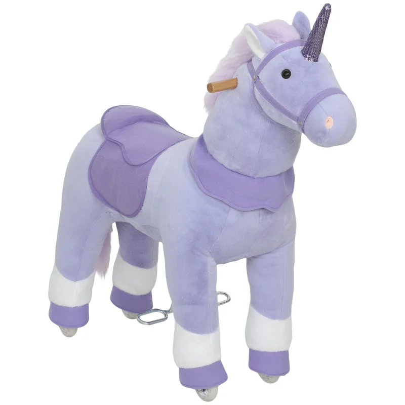 Qaba Ride on Unicorn Toy for Kids 4-7 Years, 37.8 Inch Plush Baby Rocking Horse with Wheels, No Battery Required, Purple