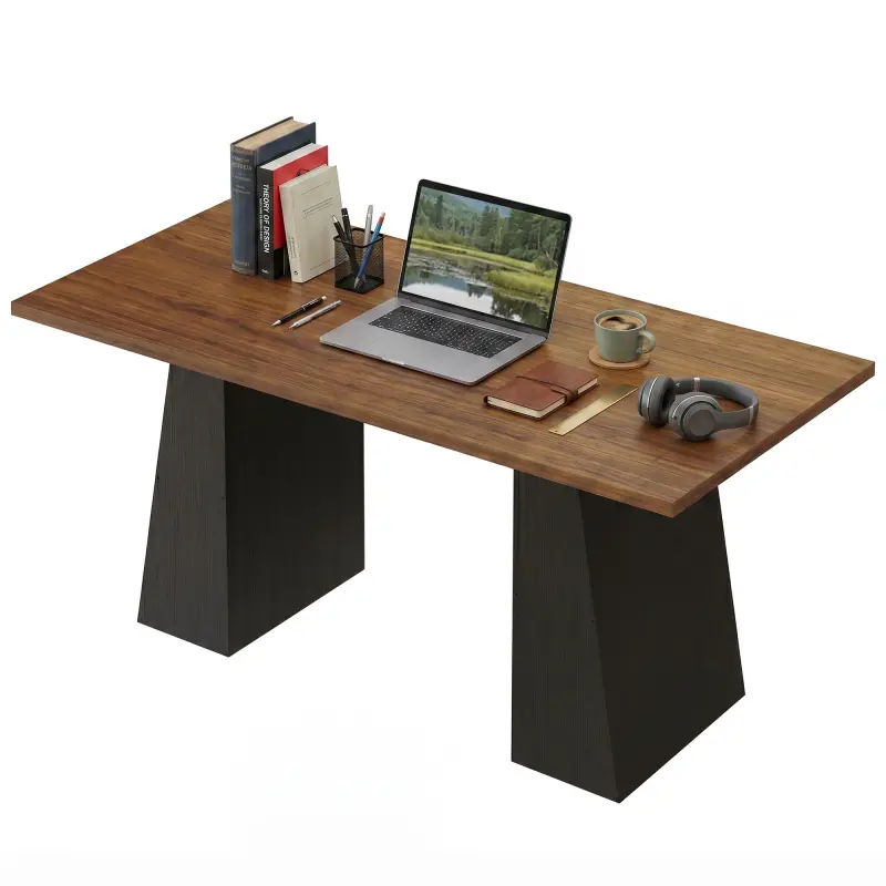 63 Inch Computer Desk with Trapezoidal Frame Light Walnut and Black