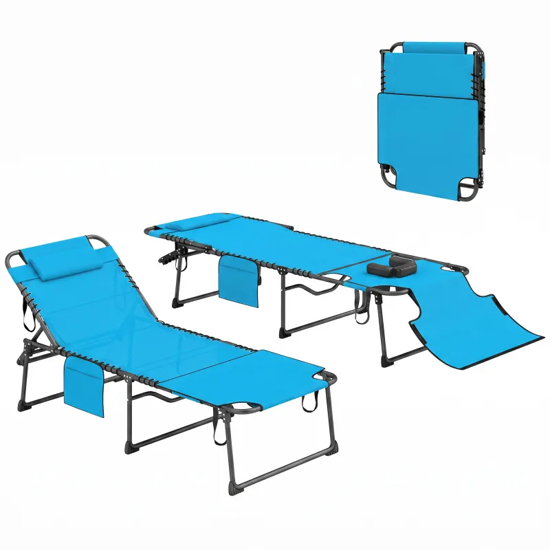 2 Piece Folding Chaise Lounge Pool Chairs with 5-level Reclining Back, Reading Hole, Side Pocket, Blue