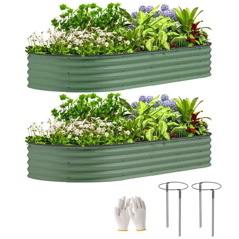 7' x 3' x 1' Raised Garden Bed Set, 2PCS Raised Beds for Gardening with Metal Plant Stakes, Green