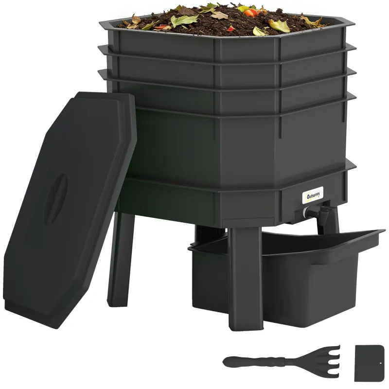 4-Tray Worm Composter Bin, 7.4 Gal Outdoor & Indoor Worm Composter for Recycling Food Waste, Black