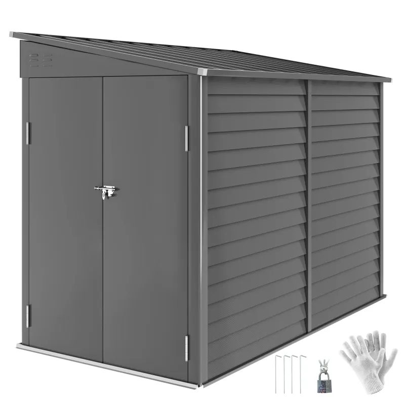 4.6' x 9' Outdoor Storage Shed, Lean to Metal Shed with Foundation Kit, Lockable Doors and Gloves for Patio, Lawn, Dark Gray