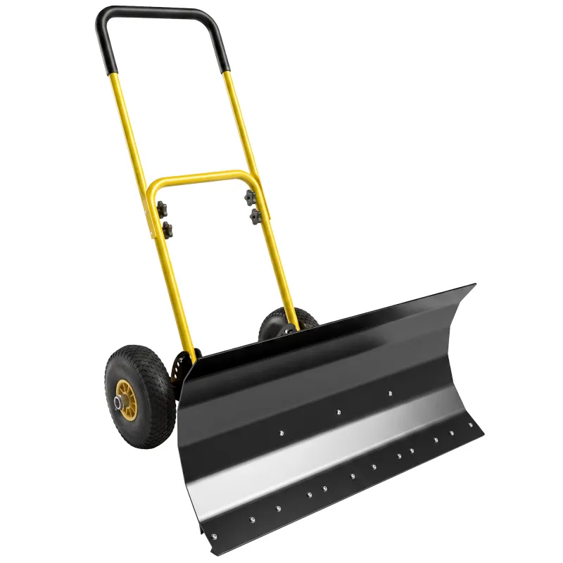 Snow Shovel with Wheels, 29" x 16.5" Metal Snow Pusher with Adjustable Handle, 5-Angle Blade for Driveway, Yellow