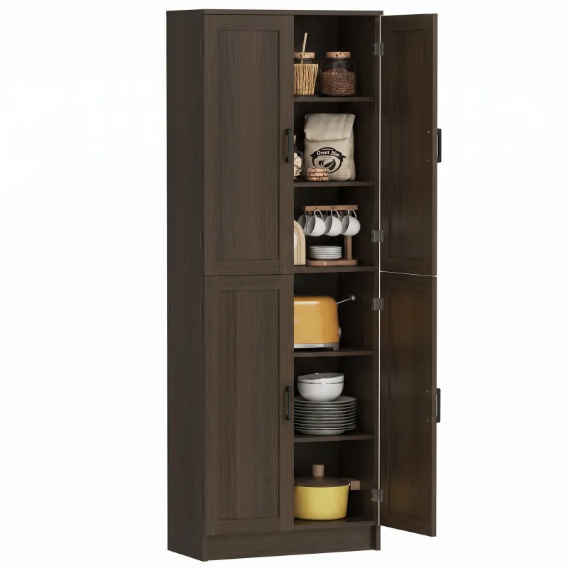 Freestanding Kitchen Pantry, 4-Door Kitchen Pantry Cabinet with Adjustable Shelves and Doors, Brown