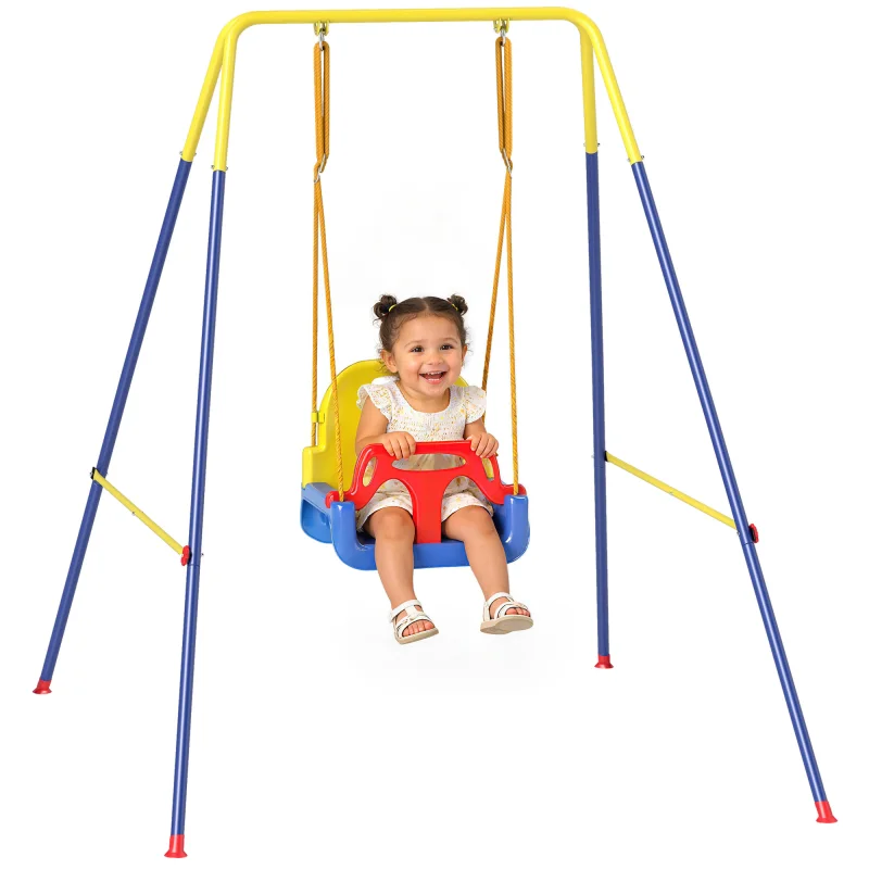 3 in 1 Toddler Swing Set, Folding Child Swing Set with Seat Belt, Adjustable Seat for Outdoor Indoor, Blue