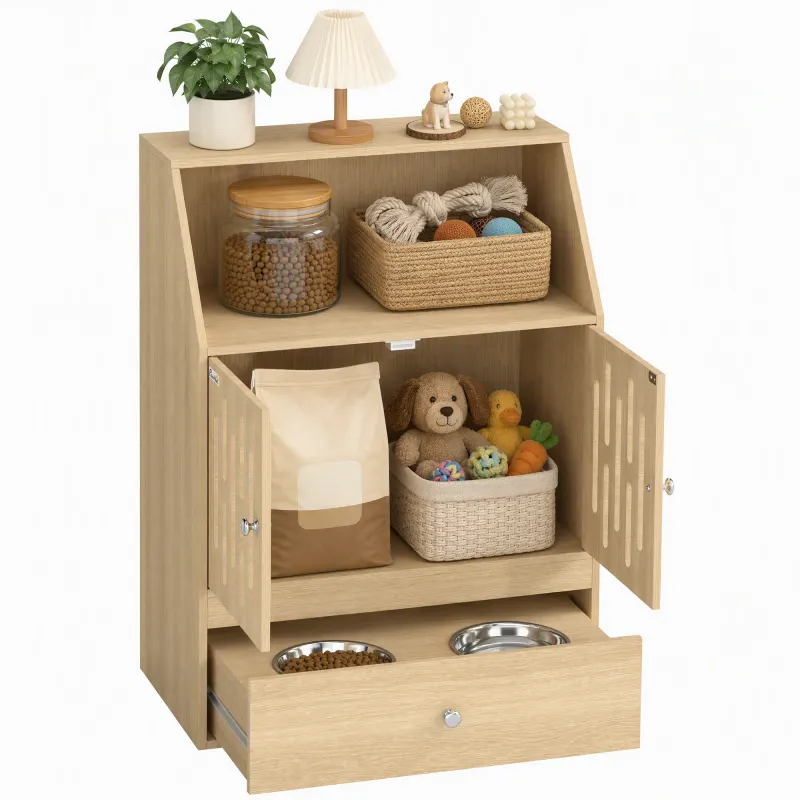 Dog Feeding Station, Pet Food Storage Cabinet with 2 Elevated Bowls & Slow-Feed Mat for Dogs & Cats