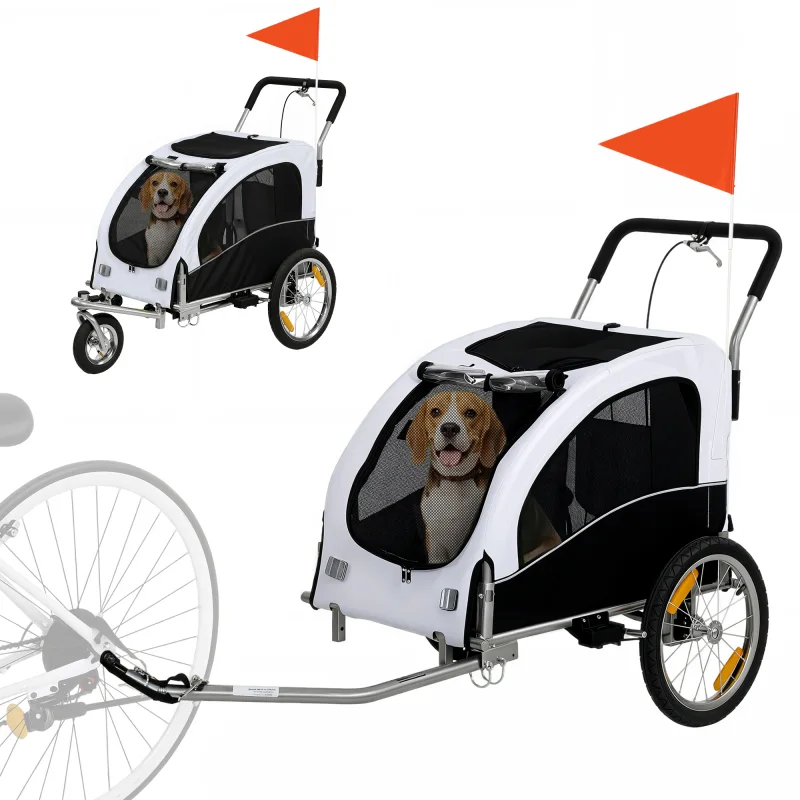 2 in 1 Dog Bike Trailer, Foldable Pet Stroller, Dog Bicycle Trailer with Suspension, for Medium Dogs up to 44 LBS, White