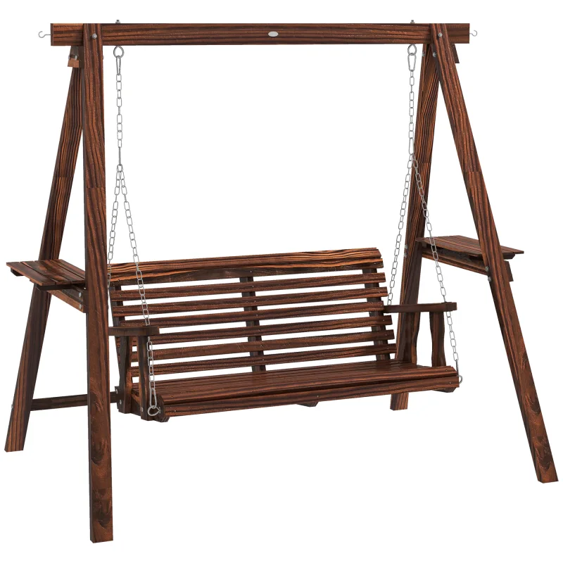 2-Seat Outdoor Swing Chair with Stand and Side Tables for Garden, Poolside, Backyard, Carbonized