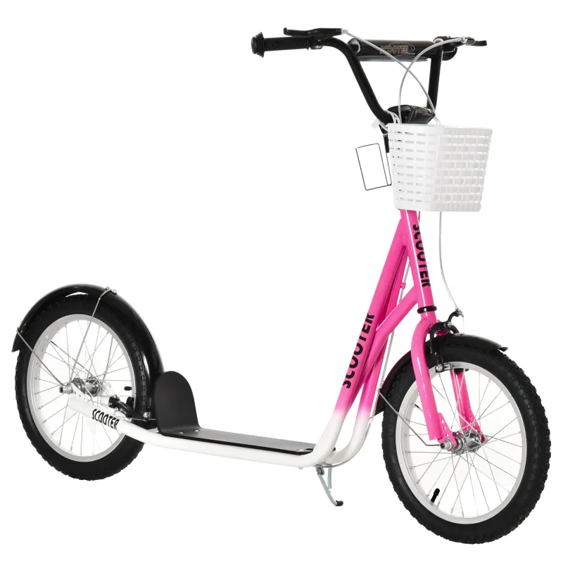 Youth Scooter, Kick Scooter with Adjustable Handlebars, Double Brakes, 16" Inflatable Rubber Tires, Basket, Pink