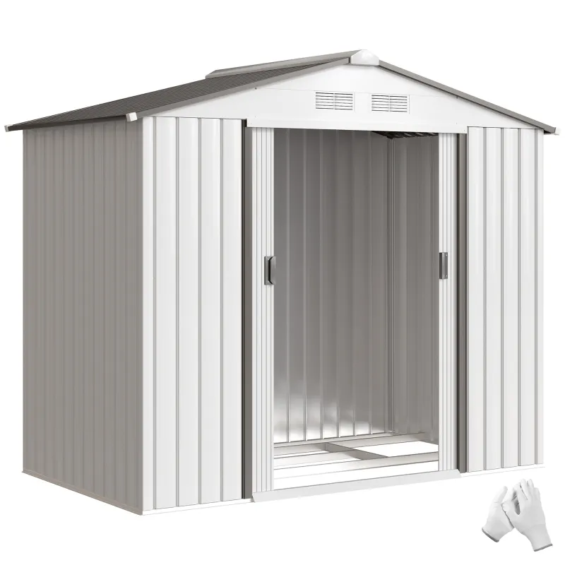 7' x 4' Outdoor Storage Shed, Garden Tool House w/ Foundation Kit Vents & Sliding Doors for Backyard Patio, White
