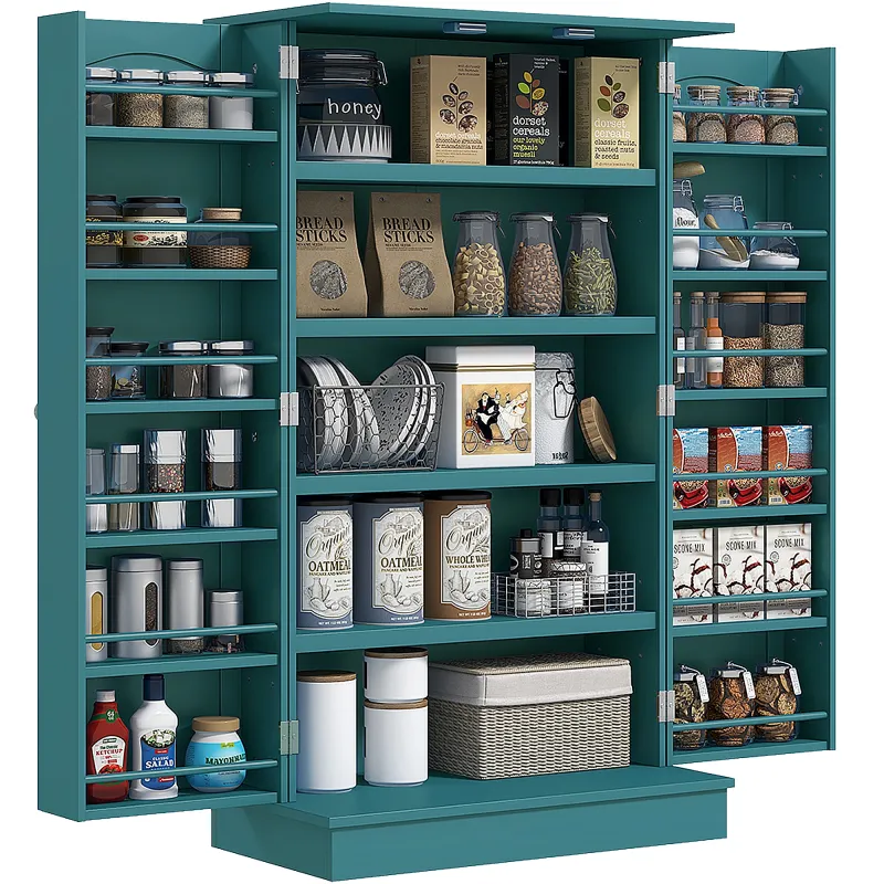 Freestanding Kitchen Pantry Cabinet, Kitchen Cabinet with 12 Door Shelves, Double Doors, 5-tier Shelving, Blue