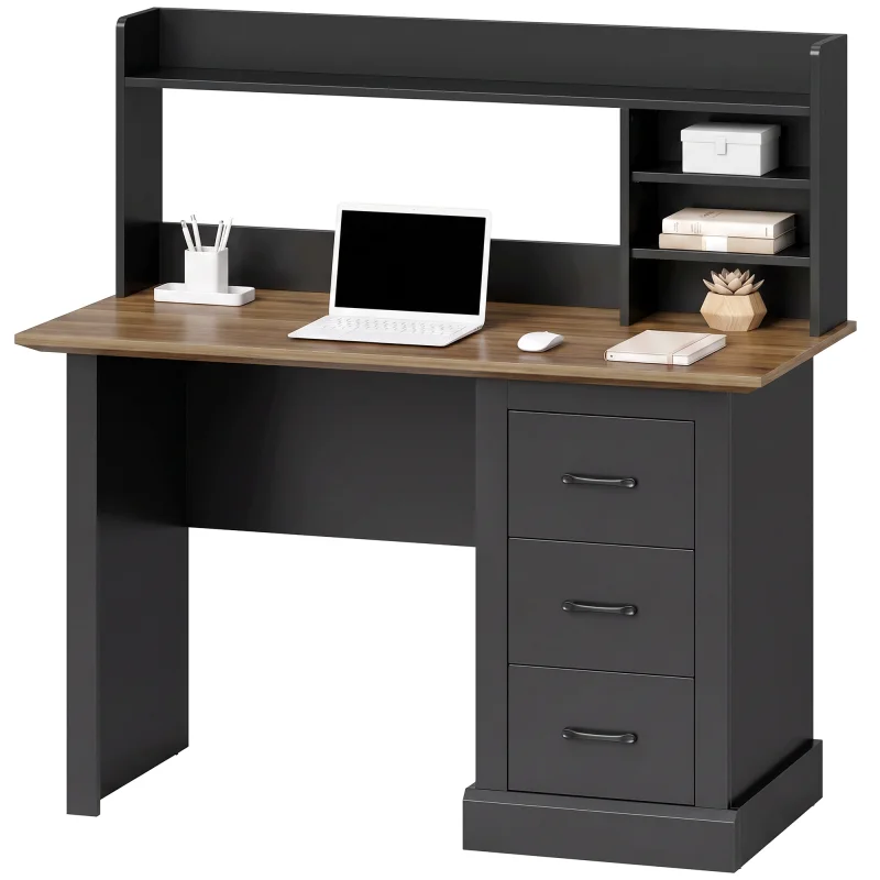 Computer Desk with 3 Drawers and Storage Shelves, 47" Home Office Study Writing Table, Walnut and Black