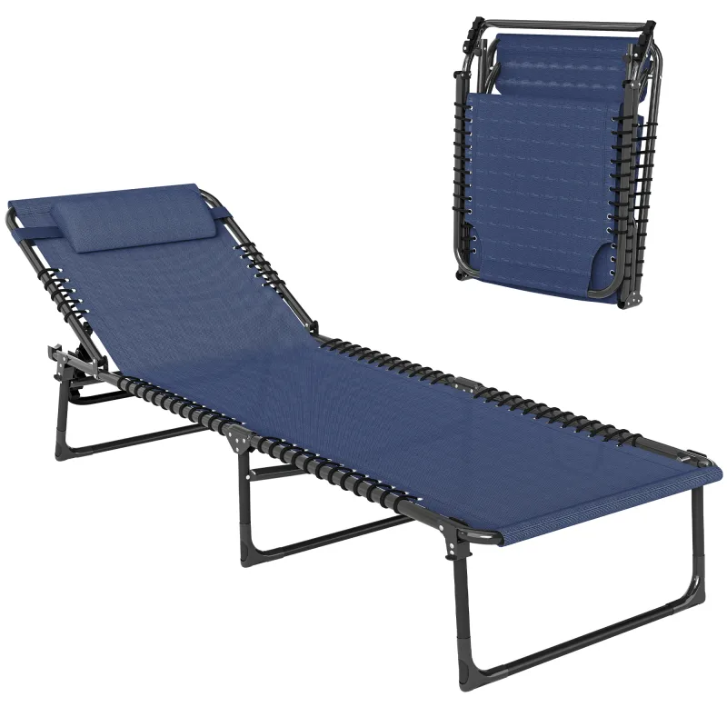 Folding Chaise Lounge Pool Chair with 4-Position Reclining Back, Pillow, Breathable Mesh & Bungee Seat, Dark Blue