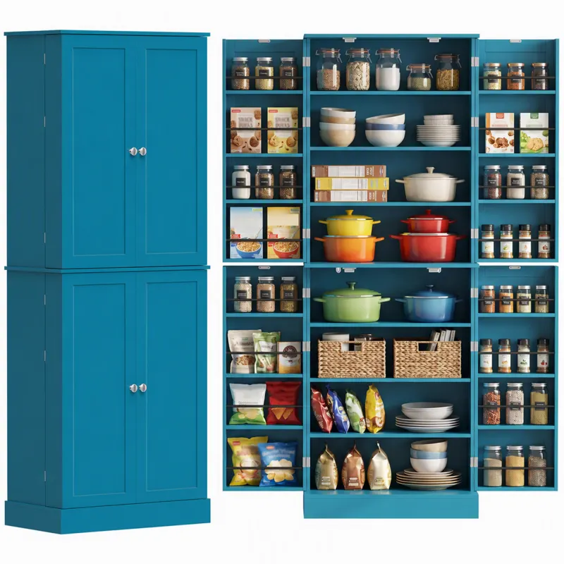 65" Kitchen Cabinet, Kitchen Pantry Cabinet with 4 Doors and 16 Door Shelves for Dining Room, Blue