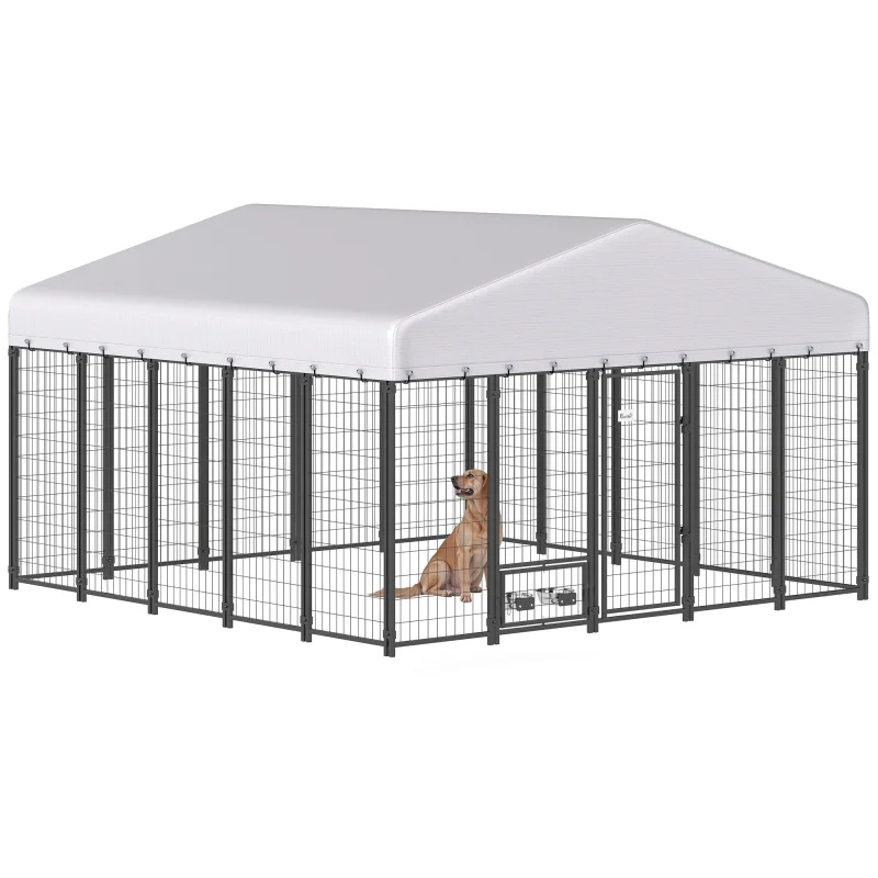 9.8' x 9.8' x 6' Outdoor Dog Kennel, Dog Kennel Outside Run with 360° Rotating Bowls, Waterproof & UV Resistant Cover