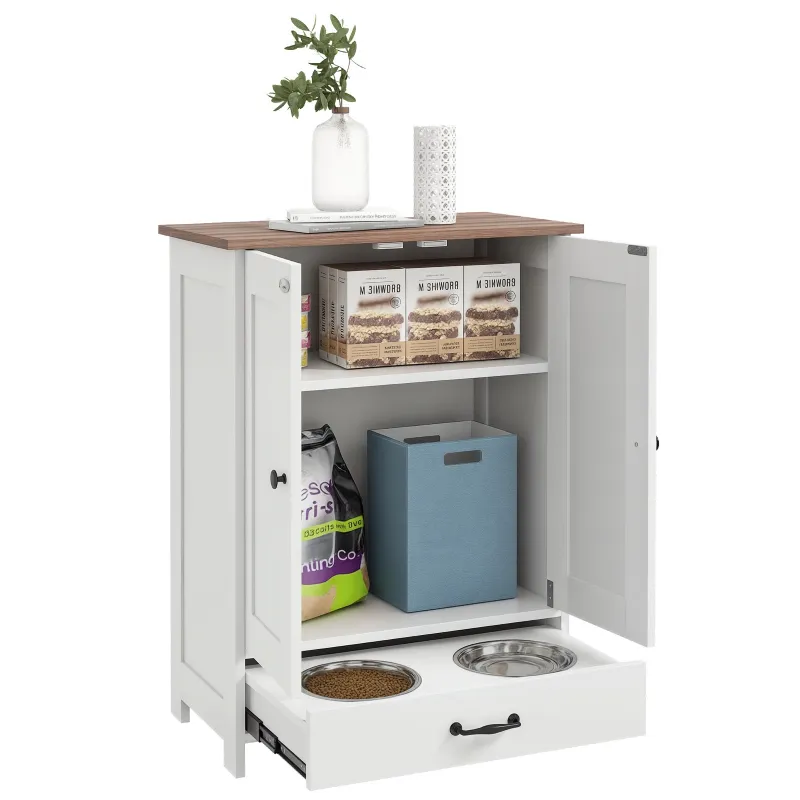 Pet Feeding Station, Dog Food Storage Cabinet w/ Raised Dog Bowls, Adjustable Panel, Hooks for Medium Dogs, White