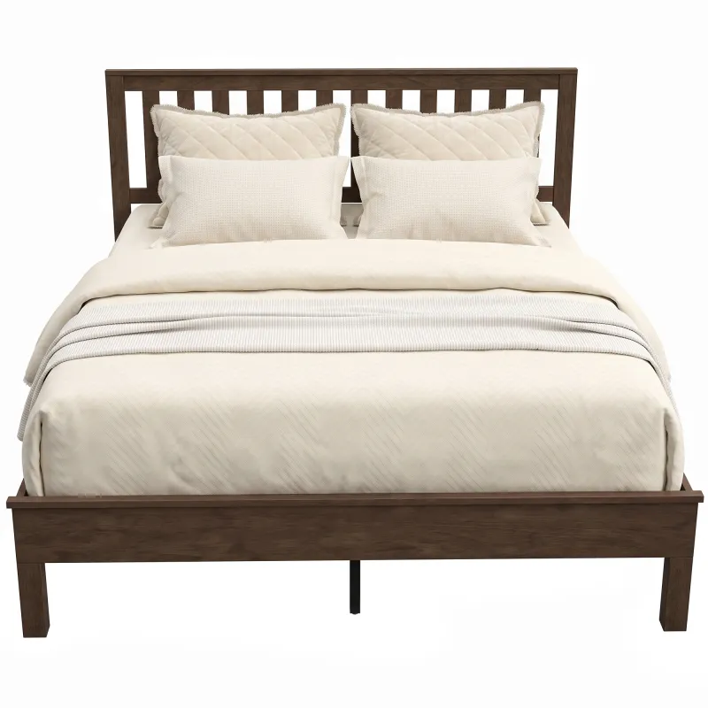 Queen Size Bed Frame with Headboard and Footboard, Mid-Century Modern Wood Platform Bed Frame, Walnut