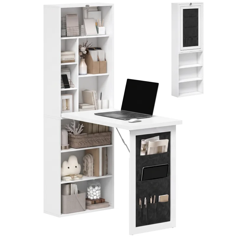 Foldable Convertible Writing Table with Storage Shelves, Bag, Wall-Mounted Space-Saving Computer Desk, White
