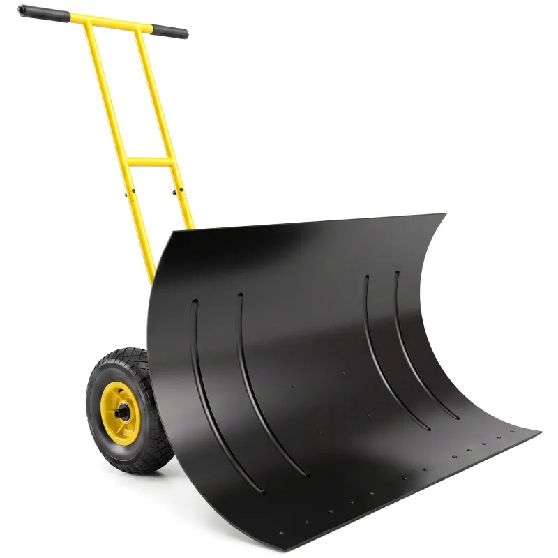 Snow Shovel with Wheels, 29" Metal Snow Pusher with Adjustable Handle, 7-Angle Blade, Wear Strip for Driveway, Yellow