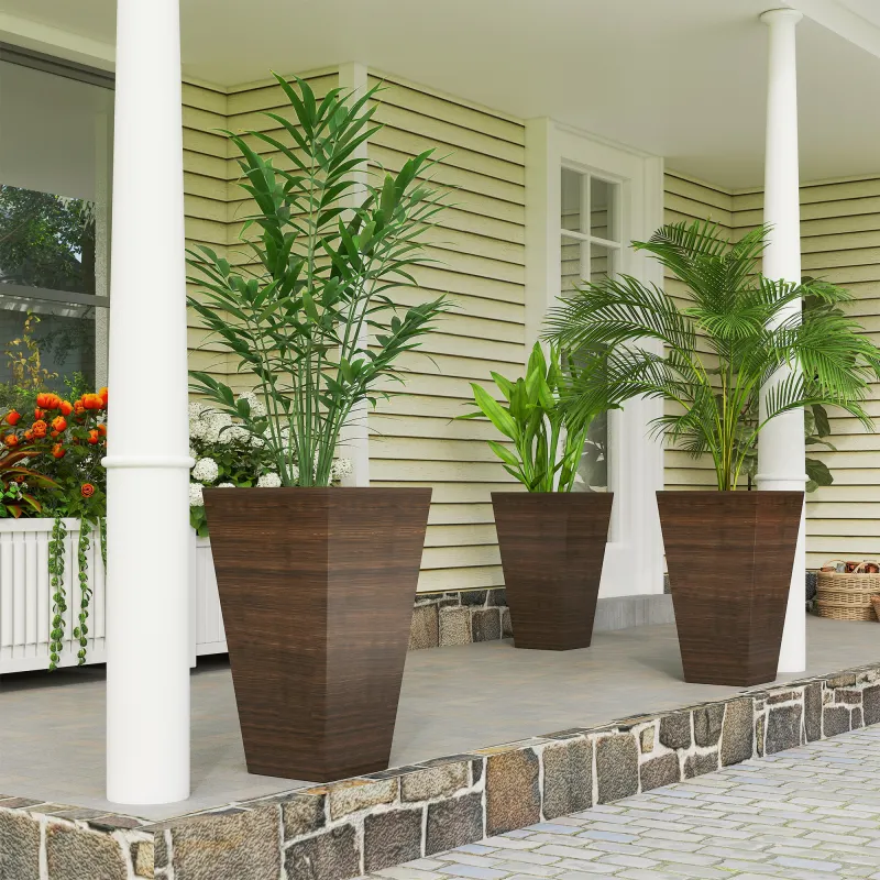 Set of 3 Tall Planters, 28" Outdoor Planter w/ Drainage Holes, Faux Wood Plastic Flower Pots, Brown