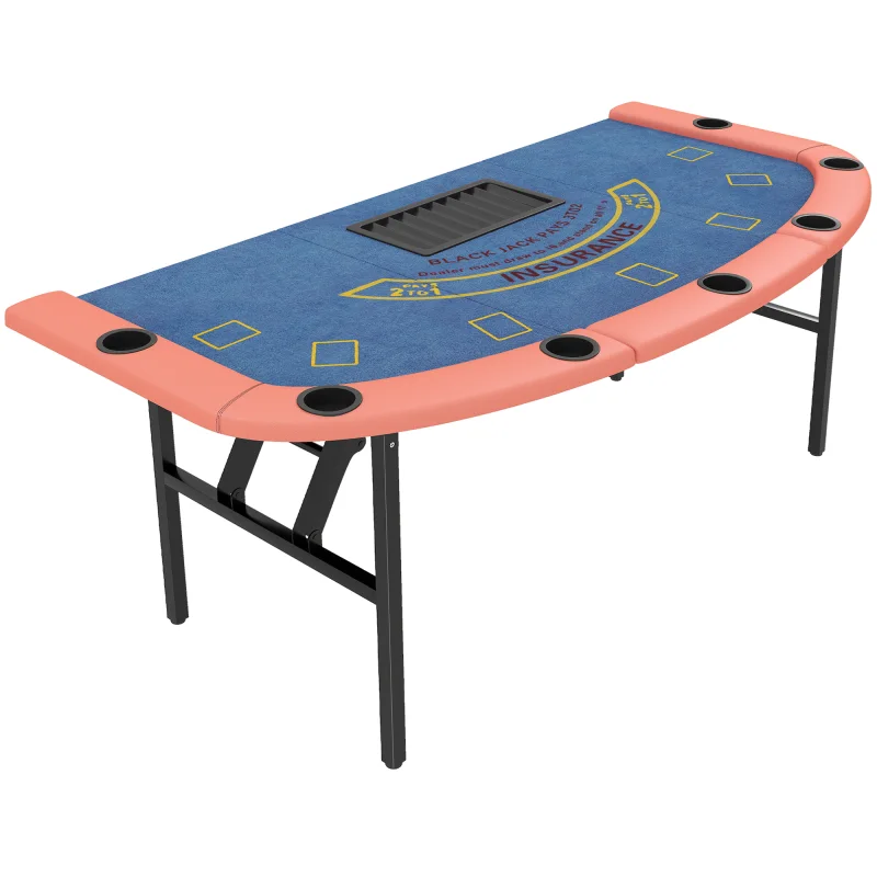 Poker Table Foldable, 72" Portable Casino Blackjack Table for 8 Players with Felt Surface, Cup Holders, Blue