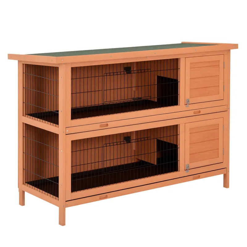 54" 2-Story Large Rabbit Hutch Bunny Cage Wooden Pet House Small Animal Habitat Lockable Doors, Tray, Roof, Orange