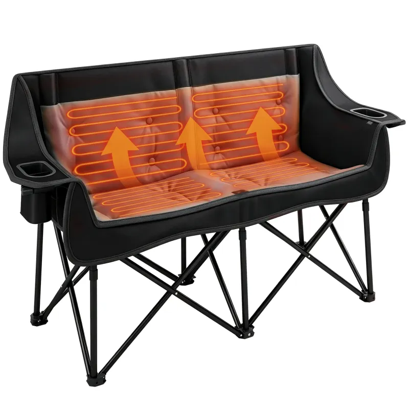 Heated Double Camping Chair, Oversized Folding Padded Camp Loveseat Couch with 3 Heat Levels and 4 Heating Zones