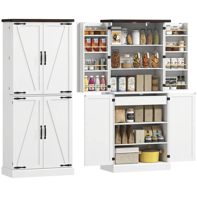 72" Tall Kitchen Pantry Cabinet, Farmhouse Storage Cabinet with 8 Door Racks and Adjustable Shelves, White