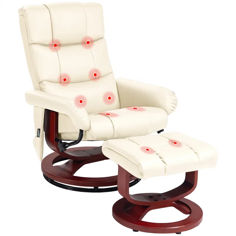 Swivel Recliner with Ottoman Massage, Recliner Chair and Ottoman, Faux Leather Reclining Chair with Remote, Cream White