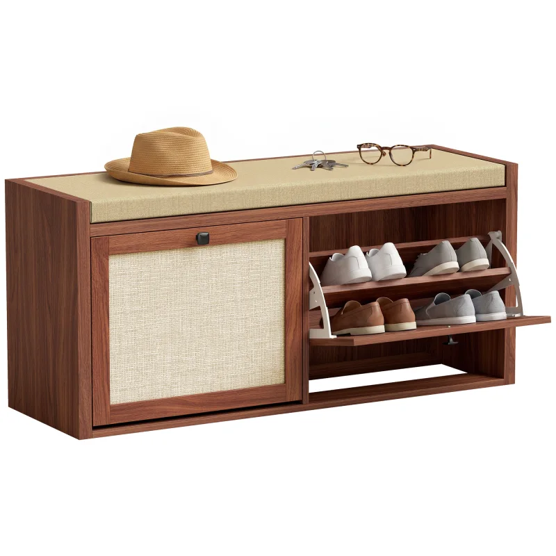 Shoe Storage Bench with Padded Seat, Shoe Storage Bench Rattan Doors for Entryway, Brown