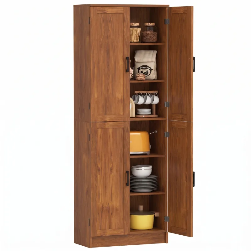 Freestanding Kitchen Pantry, 4-Door Kitchen Pantry Cabinet with Adjustable Shelves and Doors, Teak