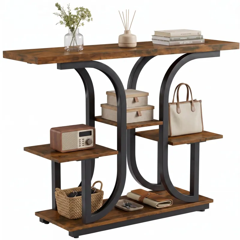 42.5" Modern Console Table, 3-Tier Narrow Entryway Table with Open Storage Shelves for Entryway, Rustic Brown