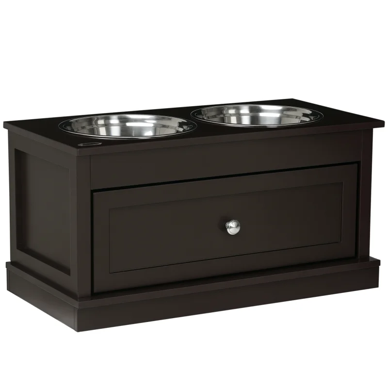 Large Elevated Dog Bowls with Storage Drawer Containing 11L Capacity, Raised Dog Bowl Stand Pet Food Bowl Dog Feeding Station, Brown