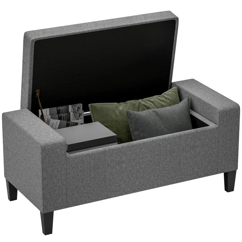 36" Ottoman with Storage, Storage Ottoman Bench with Lift Top and Rubberwood Legs, Linen Upholstered Entryway Seat, Gray