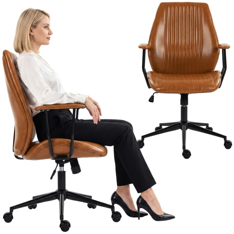 Home Office Desk Chair, PU Leather Computer Chair, Mid Back, Brown