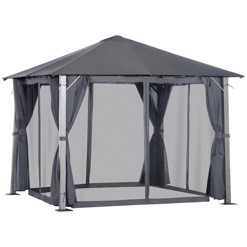 10' x 10' Patio Gazebo, Netting & Curtains Vented Roof, Dark Gray
