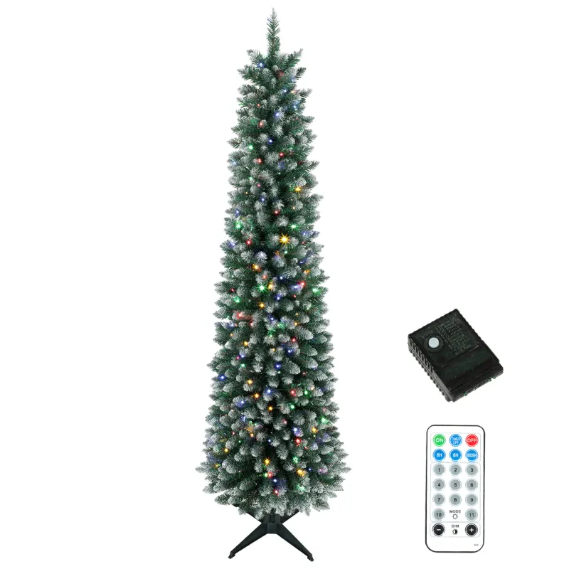 8ft Pencil Prelit Christmas Tree, Dual Color, Flocked, Green White