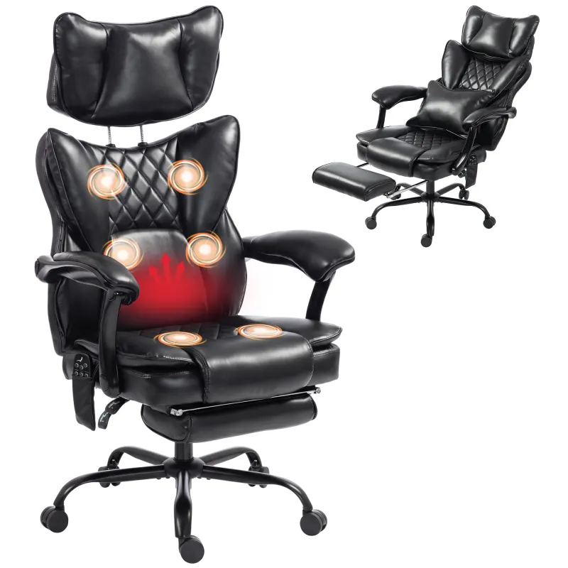 Vibration Massage Heated Office Chair w/ Footrest, Headrest, Black