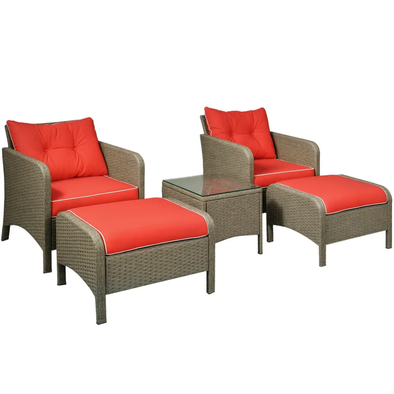 5 Pieces Rattan Wicker Lounge Chair 2 Ottomans Brown/Red