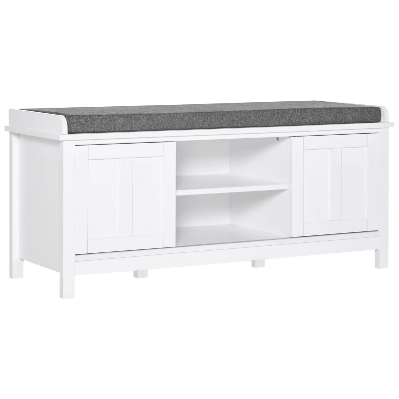Entryway Shoe Bench Storage Ottoman with Sliding Doors White