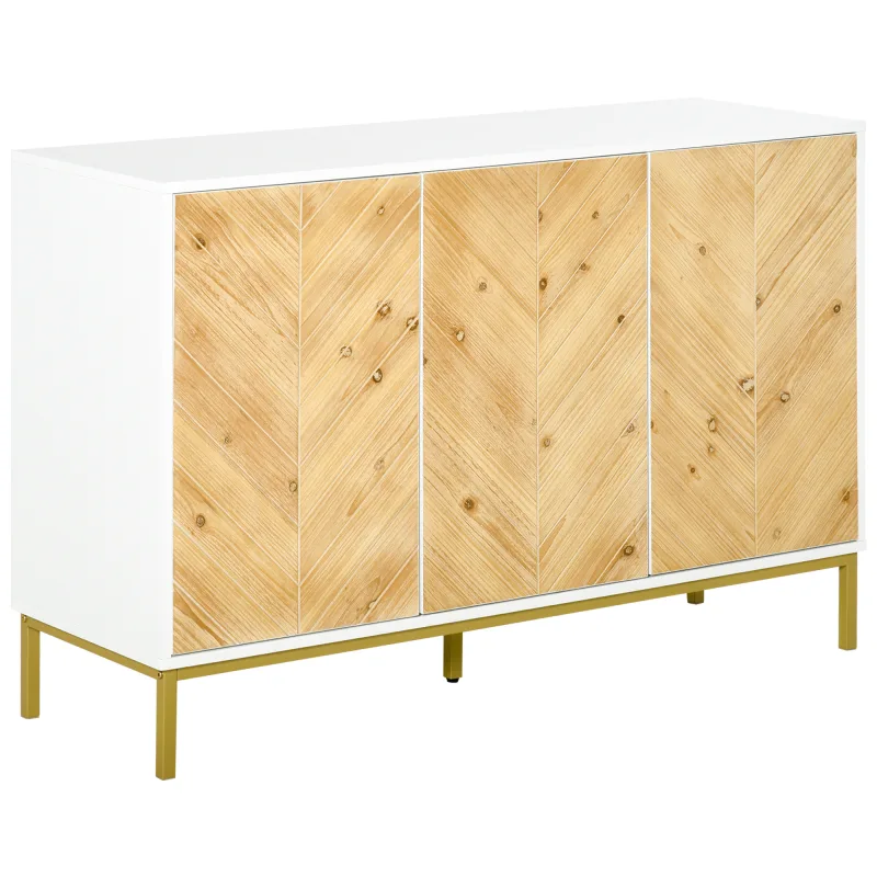 3 Door Sideboard Buffet Cabinet with Chevron Pattern, Natural Wood