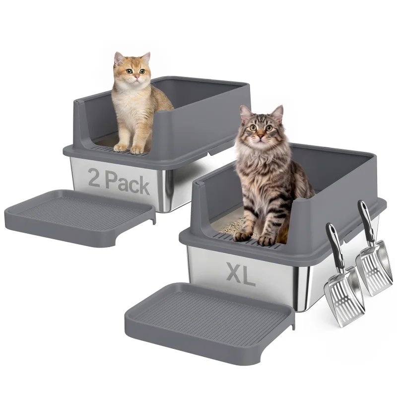 2 Pack XL Stainless Steel Litter Box High Sided Metal Cat Litter Box